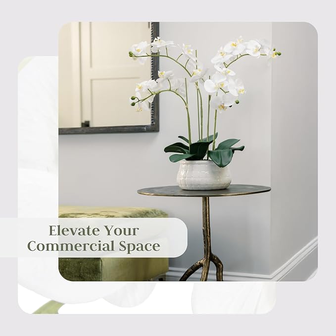 Faux White Orchid Plant, Premium Artificial Indoor Flower Display Stands 23”, Beautiful Sculptural Blooms That Lasts Forever, White Planter Pot Included