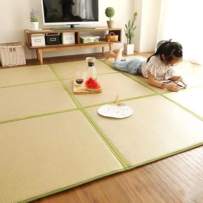 MYOYAY Large Japanese Tatami Mat 71x 71in Large Summer Breathable Sleeping Mat Foldable Rattan Floor Mat Non-Slip Memory Foam Stitching Carpet Crawling Mats Living Room Bedroom Playroom Yoga