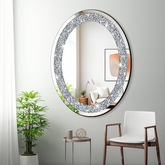 DMDFIRST Crystal Crushed Diamond Oval Shaped Silver Mirror Glam Bling for Wall Decoration 24x32x0.9inch Frameless Wall Hang Sparkly Glass Mirror Stunning Stylish Fashion Home Decor Decorative Mirror
