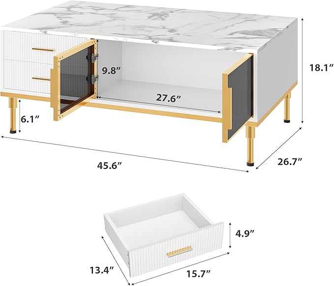 Coffee Table, White Center Table for Living Room, Modern Large Coffee Tables with Storage 4 Drawers & 2 Glass Door Storage, Faux Marble Top, Gold Metal Leg, Hidden Compartment for Reception Room