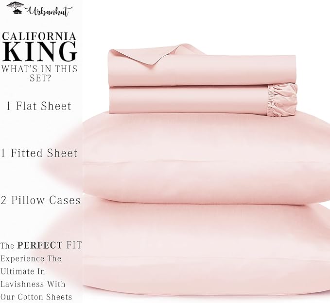 URBANHUT 700 Thread Count California King Size Egyptian Cotton Sheets, 4Pc Sheet Set Soft Luxury Bed Sheets for Cal King Size Bed, Sateen Weave Hotel Sheets, 16'' Elasticized Deep Pocket - Blush Pink