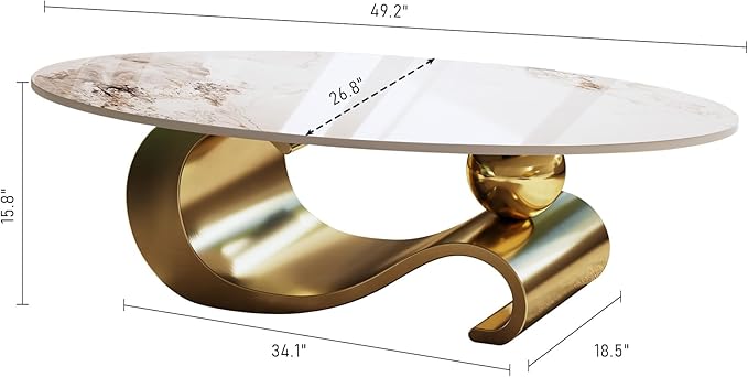 49.2" Oval Marble Coffee Table with Geometric Stainless Steel Base, Modern Sintered Stone Coffee Tables for Living Room, Luxury White Gold Cocktail Center Table Living Room Furniture for Home Decor