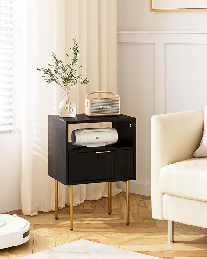Nightstand,Morden Bedside Table with Gold Frame,Small Black Night Stand,End Table,Bedside Furniture,Side Table with Drawer and Shelf for Bedroom,Living Room (1Drawer, Black)