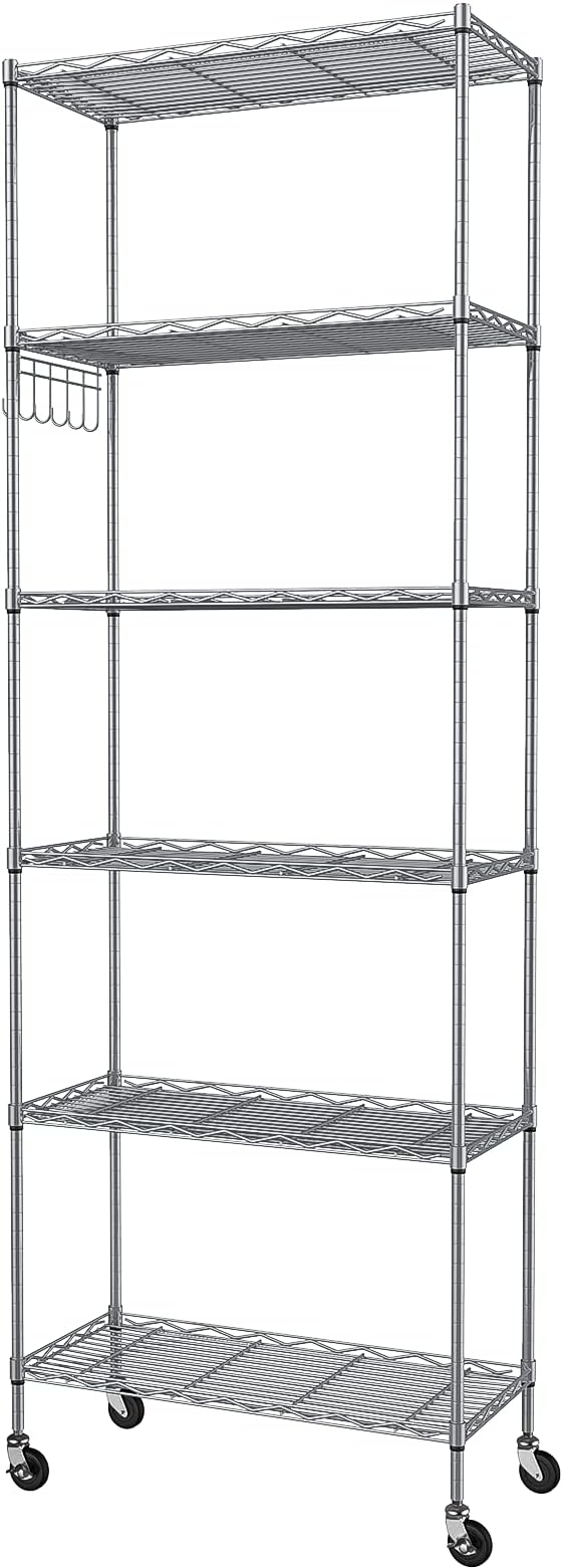 Homdox 6-Tier Storage Shelf Wire Shelving Unit Free Standing Rack Organization with Caster Wheels, Stainless Side Hooks, Silver Gray