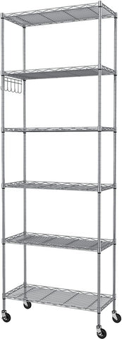 Homdox 6-Tier Storage Shelf Wire Shelving Unit Free Standing Rack Organization with Caster Wheels, Stainless Side Hooks, Silver Gray