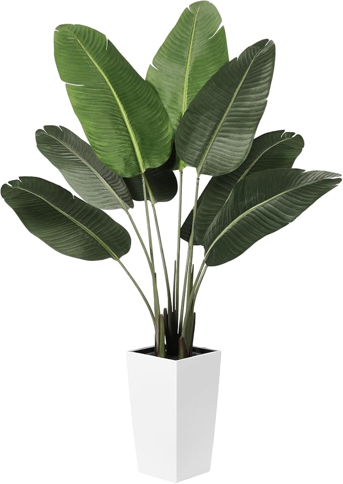 Bird of Paradise Artificial Plant 5ft - Faux Tropical Palm Potted Tree with White Planter - 5 Feet Fake Plants Areca Palm Tree Banana Leaf Plant in Pot for Home Office Decor