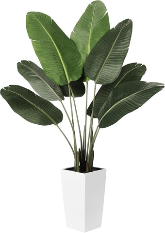 Bird of Paradise Artificial Plant 5ft - Faux Tropical Palm Potted Tree with White Planter - 5 Feet Fake Plants Areca Palm Tree Banana Leaf Plant in Pot for Home Office Decor