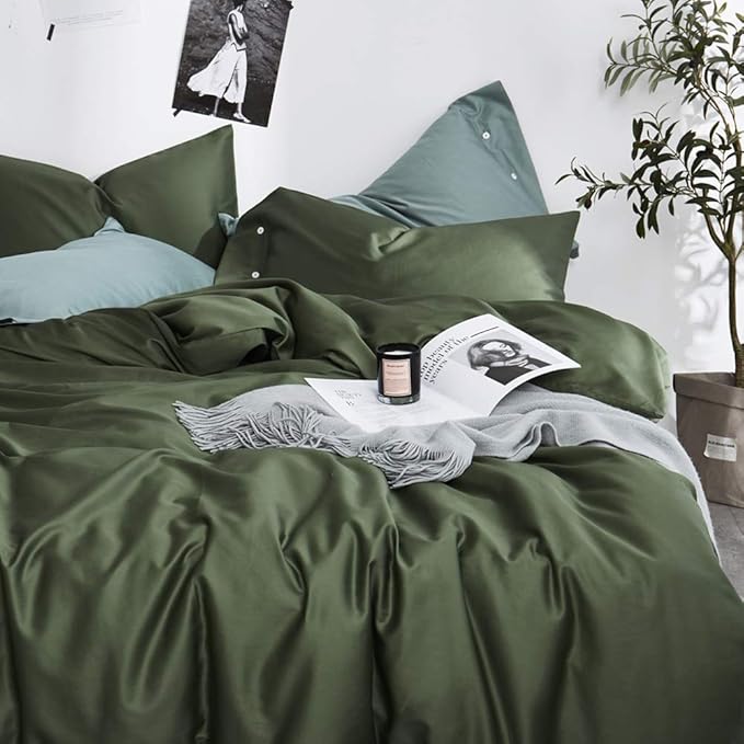 VM VOUGEMARKET Green Duvet Cover Queen,3pcs Silky Cooling Sateen Cotton Bedding Set for Hot Sleeper,Soft Breathable Duvet Cover with Zipper (Dark Green,Queen)