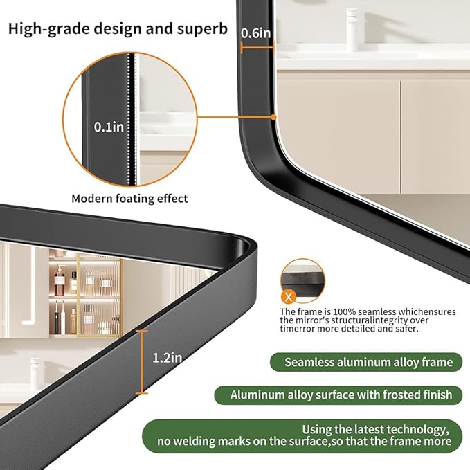 Black Metal Frame Wall Mount Bathroom Mirror, 22 x 32 Inch Rectangular Round Mirror, Matte Black Vanity Mirror, Farmhouse Style, Hang Horizontally or Vertically
