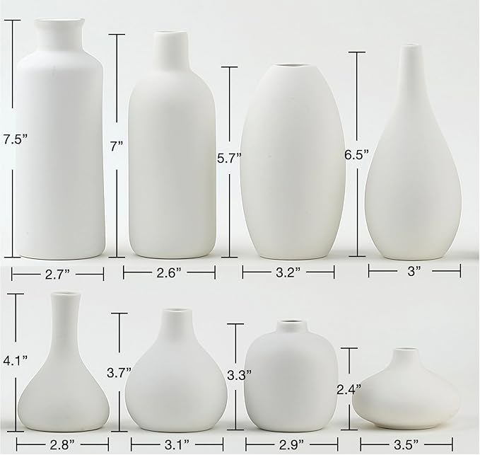 Set of 8 White Ceramic Vases for Dried Pampas Grass Flowers, Aesthetic Boho Modern Decor for Farmhouse Living Room Coffee Table Shelf Fireplace Centerpiece Bedroom Office Desk Home DIY Gifts