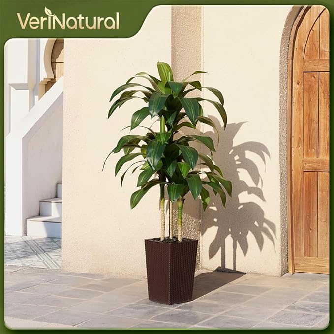 5FT Artificial Dracaena Tree - UV Resistant Faux Tropical Plant, Potted Fake Tree with Taper Planter & Pebbles - Indoor Outdoor Greenery for Home, Porch, Living Room, Bedroom Decor, VN127