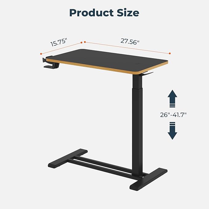 Medical Overbed Adjustable Bedside Table with Hidden Casters, Pneumatic Mobile Rolling Laptop Standing Desk with Tray for Home and Hospital Use, Black