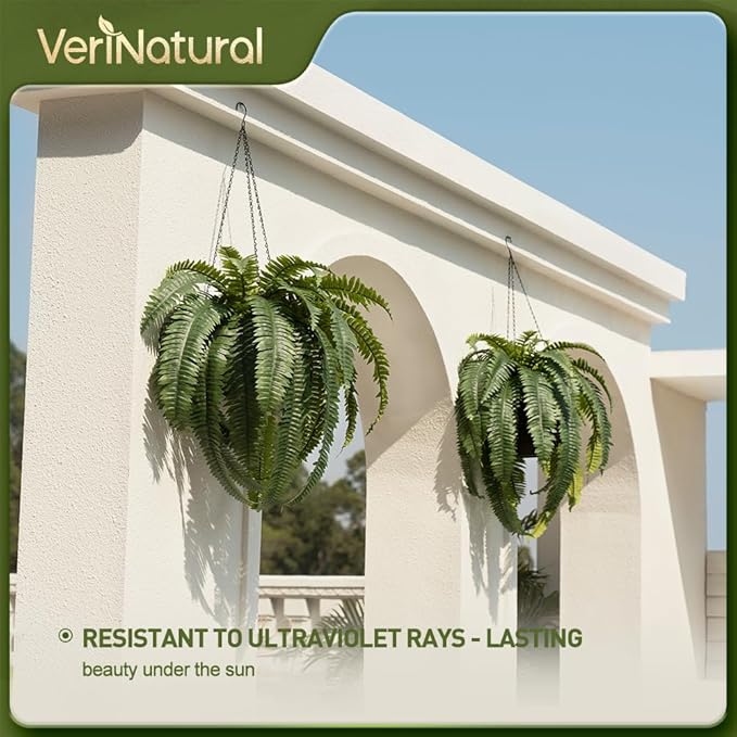 Artificial Boston Ferns 48" UV Resistant Faux Ferns with 39 Fronds for Outdoors - Large Fake Plants for Home, Garden, Front Porch and Hanging Decor - Lifelike Greenery for Indoor Spaces,VN141