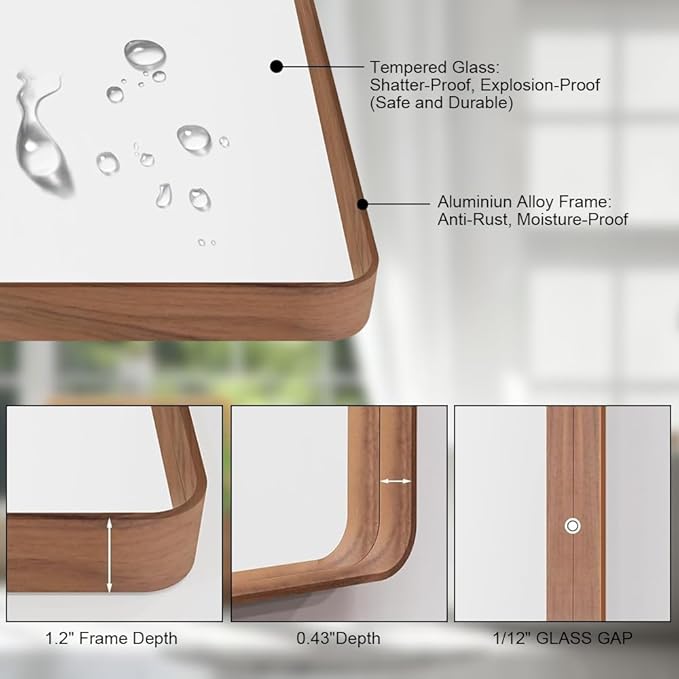 Wood Grain Colored 40x32 Inch Metal Framed Mirror for Wall, Large Rounded Rectangle Mirror, Anti-Rust, Tempered Glass, Hangs Horizontally or Vertically