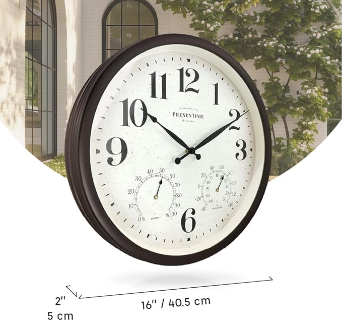 Presentime & Co 16" Farmhouse in/Outdoor Clock, Wall Clock & Weather Station, Weather Thermometer, Wall Décor and Timepiece for Farmhouse Decoration, Oil Rubbed Bronze Finish