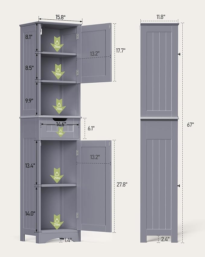 Gizoon 67" H Tall Bathroom Cabinet, Storage Cabinet with 2 Doors & Drawer, Narrow Linen Tower Freestanding Adjustable Shelves for Home, Kitchen, Versatile, Anti-Tipping, Grey