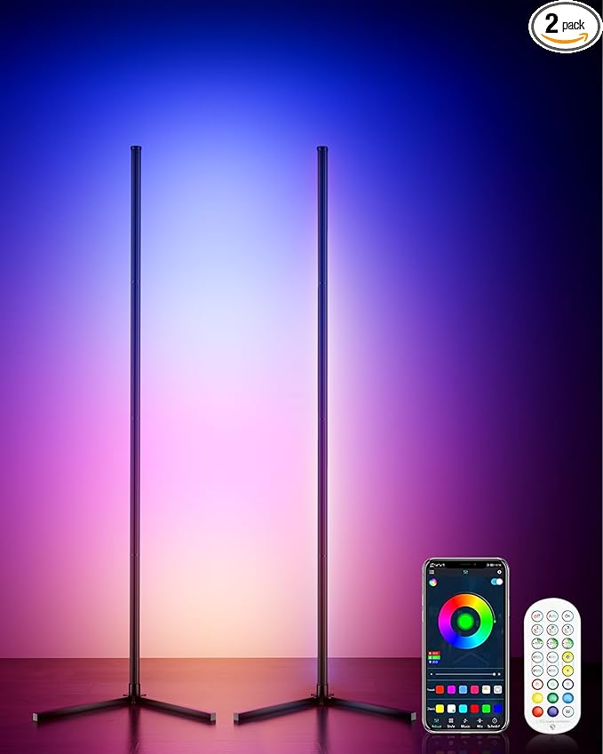 2 Pack Corner Floor Lamp, 65" RGB LED Corner Lamp, Color Changing Ambient Lighting with Music Sync - App and Remote Control LED Lamp for Bedroom, Living Room, Gaming Room