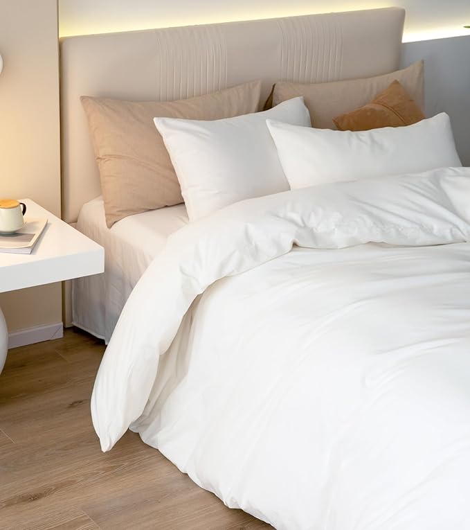 JIYUAN 100% Washed Cotton Duvet Cover Set 3 Pieces Alaska King, 1 Duvet Cover 132x120 Inches(Comforter Not Included) and 2 Pillowcases,Linen Feel Bedding Set Comfy and Breathable,Bright White