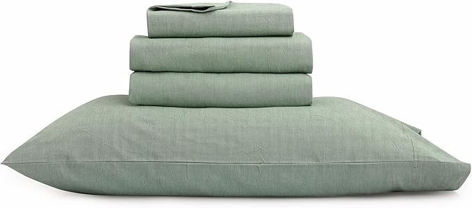 BESTOUCH Sheet Set 100% Washed Cotton Linen Feel Super Soft Comfortable Chic Lightweight 4 Pcs Home Bedding Set Solid Green Queen