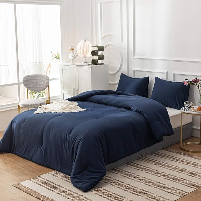 Pureant Navy Blue Comforter Full Set Dark Blue Bedding Comforter Set Solid Navy Full Blanket Quilts Men Women Cotton Blue Full Size Comforter Breathable Soft Navy Blue Comforter with 2 Pillowcases