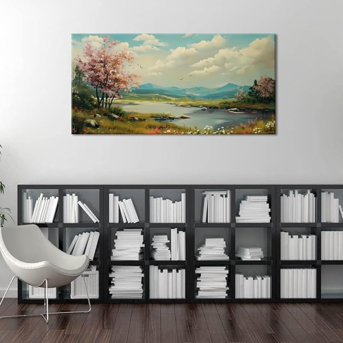 Green Grass and Pink Tree By Riverbank Wall Art Decor Artwork for Bedroom (30x60 Inches)