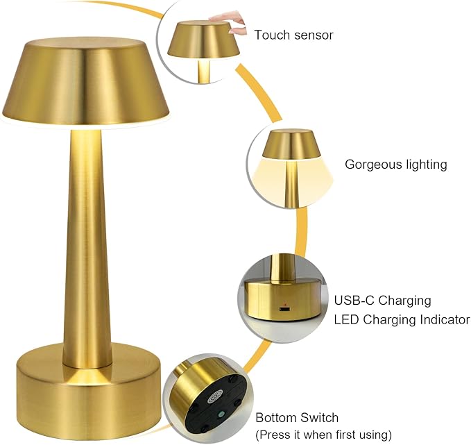 UMEXUS 2 Pack Rechargeable Small Cordless Table Lamp, LED Battery Operated Touch 3 Color Dimming Bedside Nightstand Desk Lamps Metal Portable Night Lights for Bedroom Bar Restaurant Outdoor Gold