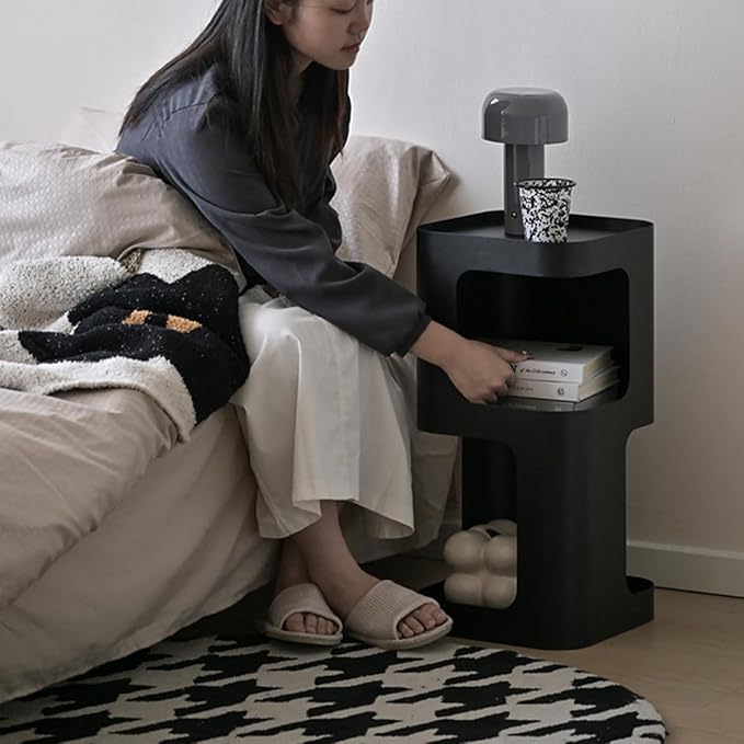 Modern Side Table,Small end Table for Small Spaces,Metal nightstand with Storage Shelf,Space-Saving Bedside Table Accent Table Drink Tables for Living Room,Bedroom.No Assembly Required (Black)