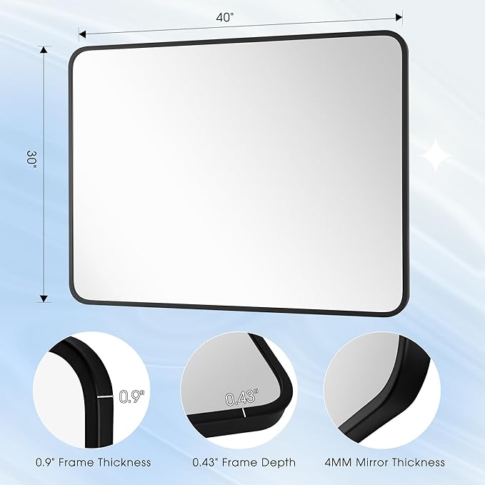 30x40 Inch Rectangle Bathroom Mirror with Black Metal Frame, Rounded Corner Rectangular Vanity Mirror for Wall, Modern Large for Bedroom, Living Room, Horizontal or Vertical