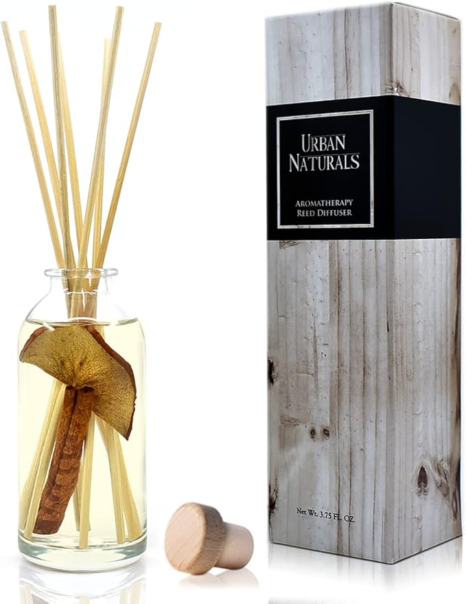Urban Naturals Apples & Spice Apple Cinnamon Reed Diffuser Oil Set – Red Apple, Cinnamon, Nutmeg Clove & Vanilla Scented Diffusing Reed Sticks – Great Fall & Holiday Scent – Made in The USA
