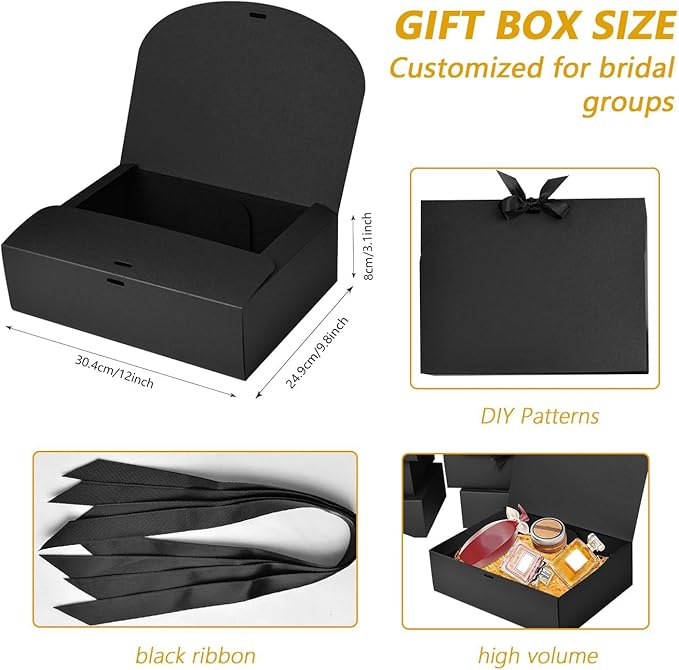 12Pack Black Gift Boxes with Lids, 12×9.8×3.1 Inch Groomsmen Proposal Box, Luxury Black Gift Box with Ribbon for Bridesmaid Box, Graduation, Christmas, Wedding, Birthday, Party
