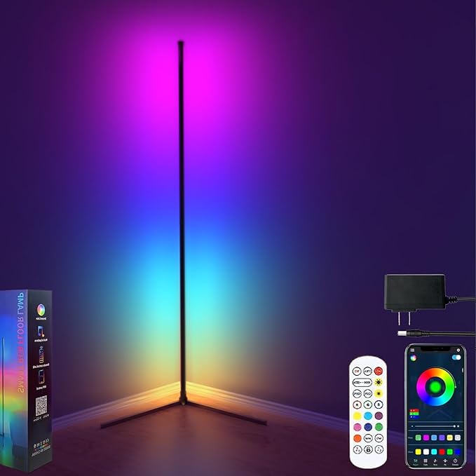 Corner Floor Lamp, 60”Smart RGB LED Floor Lamp with App and Remote Control,High Brightness Led,16 Million Colors, Music Sync, Timer Setting, Mood Lighting,Ideal for Living Rooms, Bedrooms.