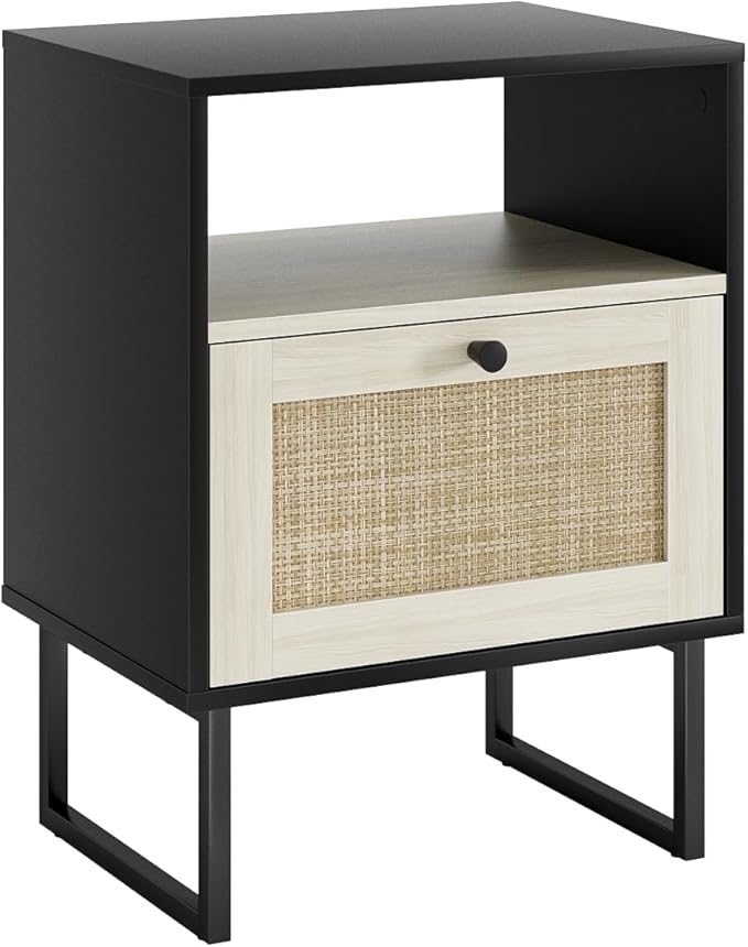 Rattan Nightstand, Boho Night Stand Farmhouse Wood Bedside Table with Storage and Open Shelf, End Side Accent Table for Bedroom,Living Room,Black and Oak