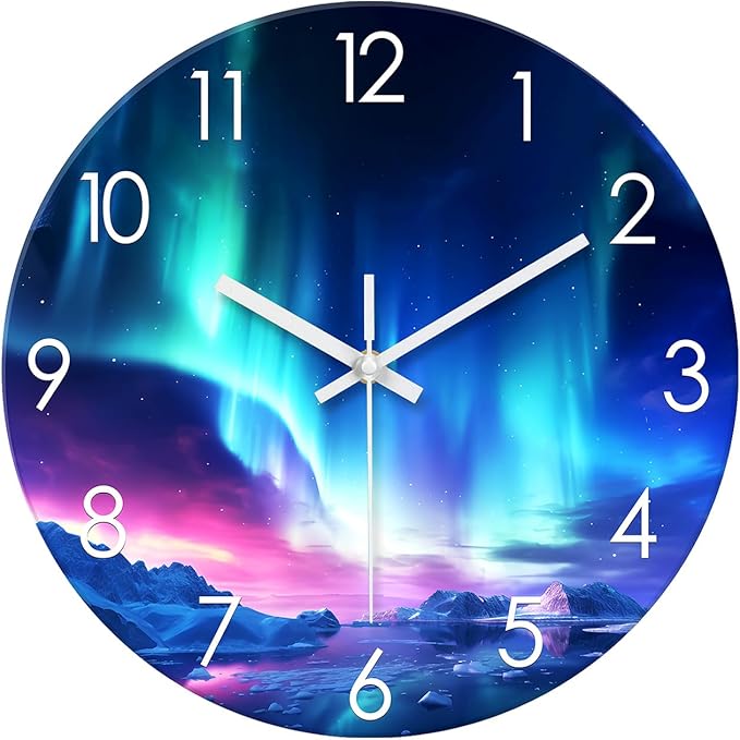 XNM Aurora Turquoise Clocks for Living Room Glass Round Big Wall Clock Silent Modern Wall Clocks Battery Operated 16 Inch
