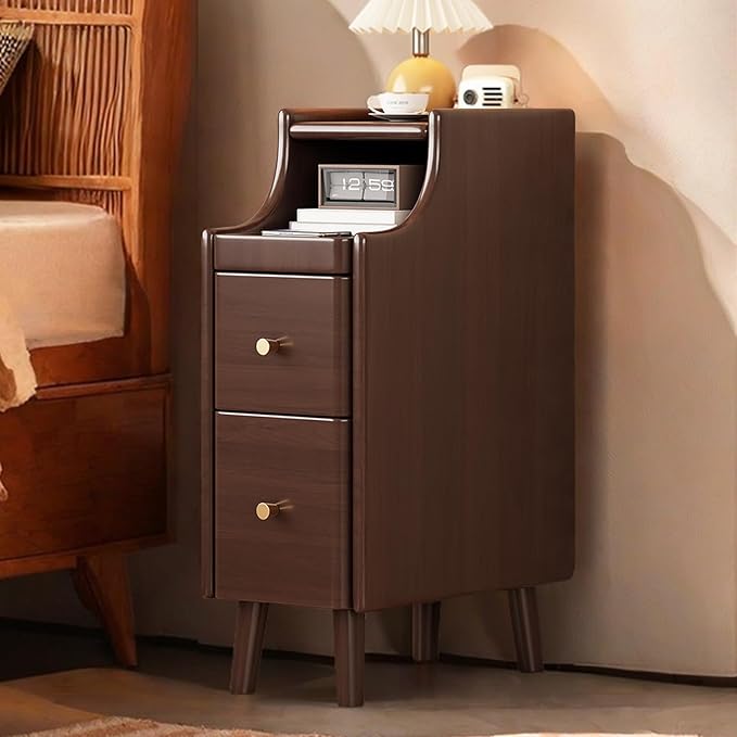 Narrow Nightstand with Drawers, Solid Wood Side Tables with Pull-Out Tray, Mid Century Modern Slim nightstand, Small Spaces Bedside Table, Skinny nightstand for Bedroom Living Room (1)