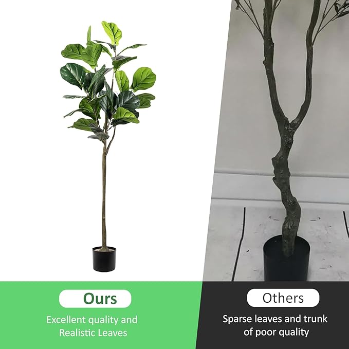 Artificial Fiddle Leaf Fig Tree, 5FT Faux Ficus Lyrata Plant Tall Fake Tree for Home Decor Artificial Tree for Indoor Office Living Room (Fiddle Leaf Fig Tree, 5 FT)