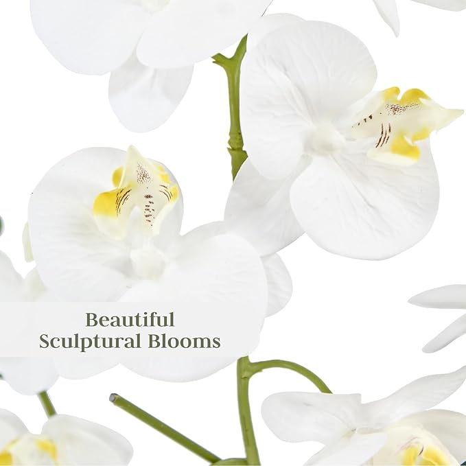 Faux White Orchid Plant, Premium Artificial Indoor Flower Display Stands 23”, Beautiful Sculptural Blooms That Lasts Forever, White Planter Pot Included