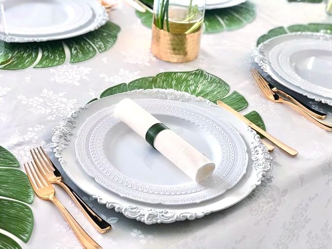 " OCCASIONS " 240 Plates Pack,(120 Guests) Extra Heavyweight Vintage Wedding Disposable/Reusable Plastic Plates 120x11'' Dinner + 120x8.25'' Salad/Dessert Plate (Chateau White)
