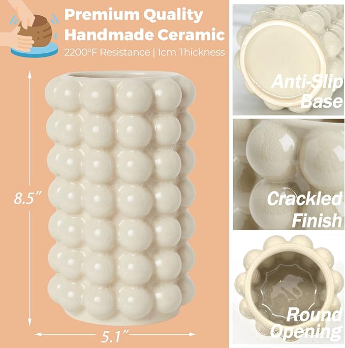 Bubble Vase, Beige Ceramic Vase for Boho Decor, Ceramic Flower Vases for Modern Home Decor, Tall Decorative Vases for Living Room, Bedroom, Wedding, Entryway, Mantel, Office, 8.5 Inches