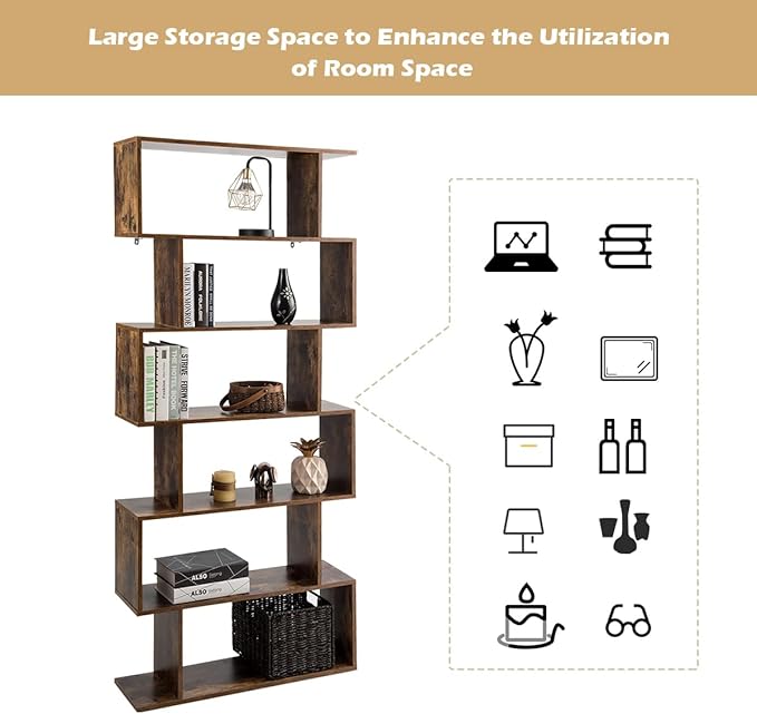 Tangkula 6-Tier Geometric Bookcase, Modern S-Shaped Storage Display Bookshelf for Living Room, Anti-Toppling Device, Home Office Wooden 6 Shelf Open Bookcase (1, Coffee)