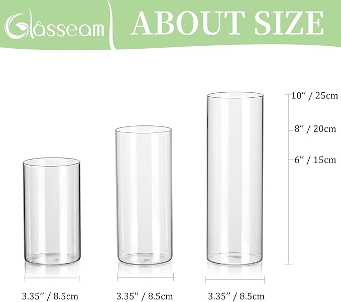 Glasseam Clear Cylinder Vases Set, 24Pcs Glass Vases for Centerpieces Bulk, Modern Floating Candle Holder for Decor, Hurricane Candle Holders for Wedding Table Decorations, 6"+8"+10"