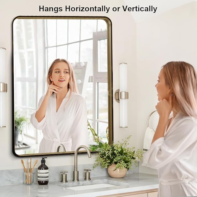 Bronze 48x32 Inch Metal Framed Mirror for Wall, Large Rounded Rectangle Mirror, Anti-Rust, Tempered Glass, Hangs Horizontally or Vertically