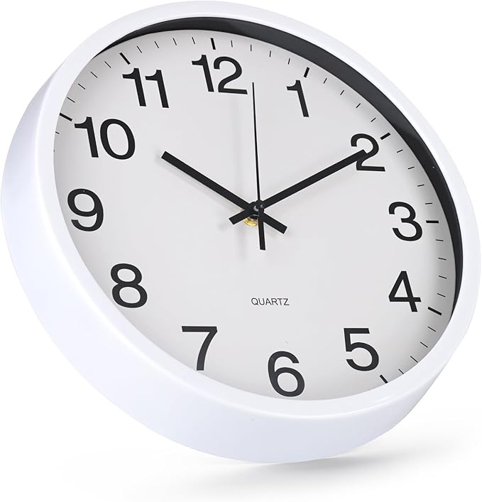Wall Clock Non-Ticking Silent Quartz Movement Decor Clock Modern Simple Style Round Plastic Wall Clocks for Home/Office/School/Living Room/Bedroom/Kitchen (White, 12 Inch)