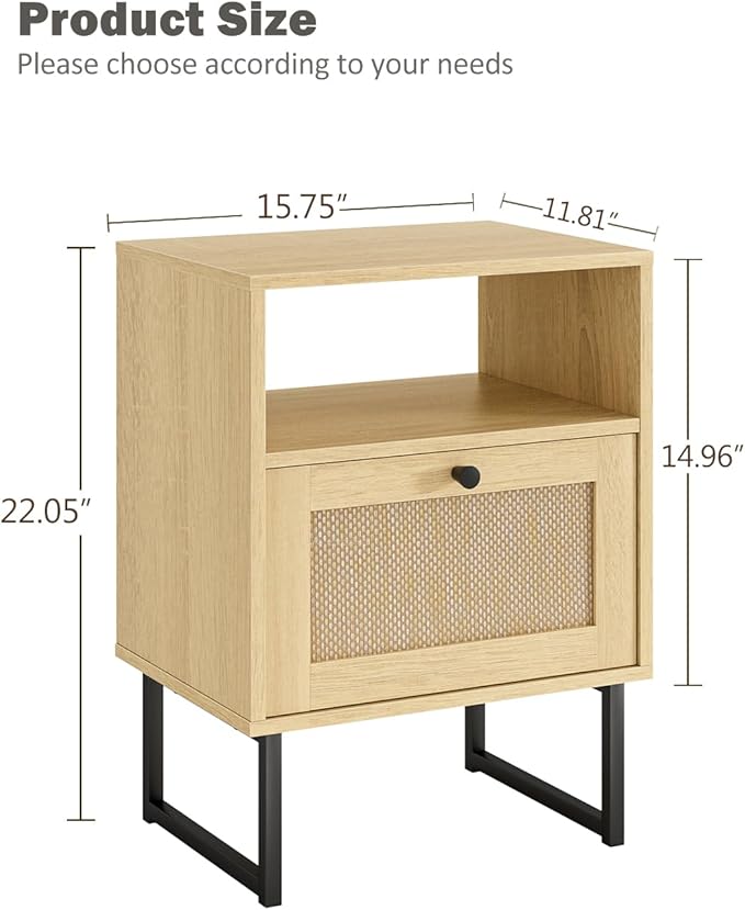 Rattan Nightstand, Boho Night Stand Farmhouse Wood Bedside Table with Storage and Open Shelf, End Side Accent Table for Bedroom,Living Room,Oak