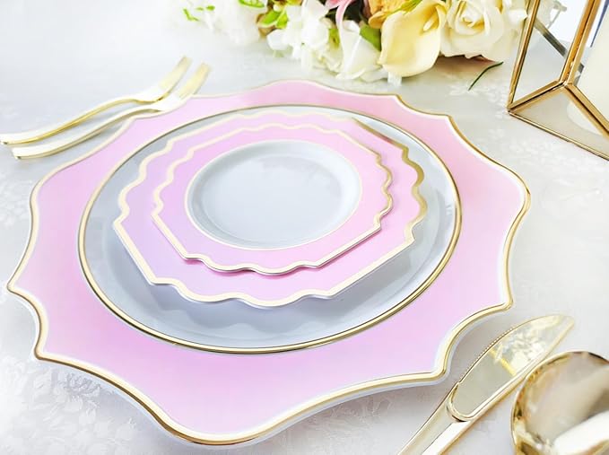 " OCCASIONS " 80 Plates Pack,(40 Guests) Heavyweight Premium Wedding Party Disposable Plastic Plates Set -40 x 10.5'' Dinner + 40 x 8'' Salad/Dessert(Imperial in Light Pink & Gold)