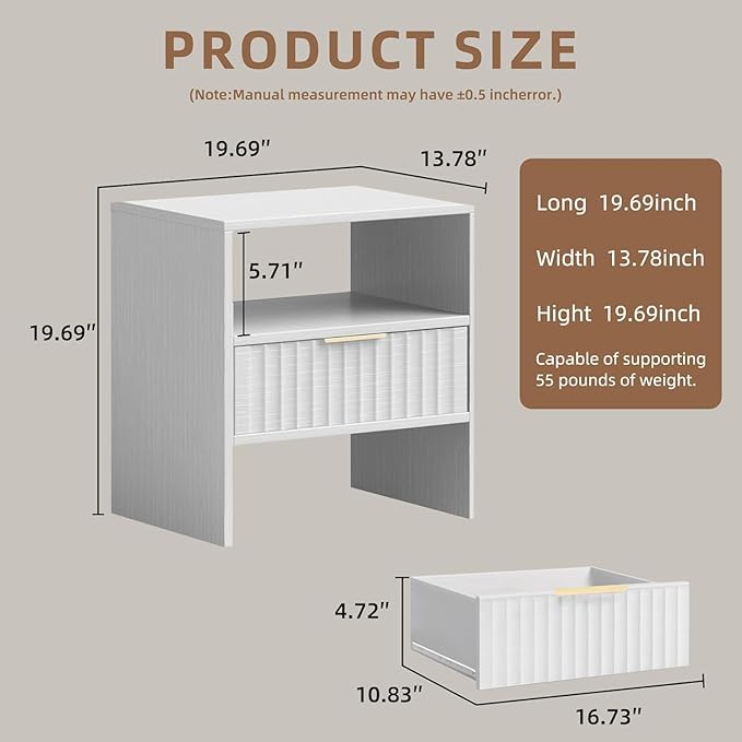 Nightstand Set of 2 Nightstand with Drawers, Bedside Table with Storage Shelf, Modern Night Stand with Drawer for Bedroom, End Table for Home Living Room Office White