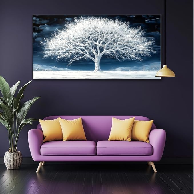Calming Tree of Life Wall Art for Living Room Office Navy Blue Snow White Canvas Painting Prints Nature Artwork Family Bedroom Decor (20x40 Inches)