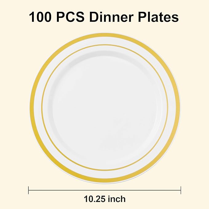 100PCS White Plastic Plates for Party, 10.25 Inch Heavy Duty Dinner Plates with Gold Rim, Disposable Plates for Wedding and Birthday