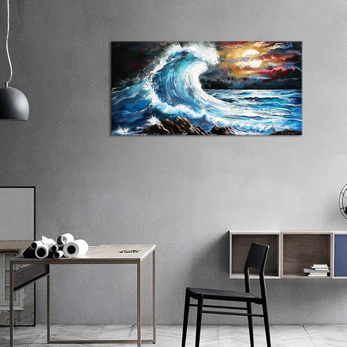 Waves Under The Moonlight Wall Art Decor Artwork for Bedroom (30x60 Inches)