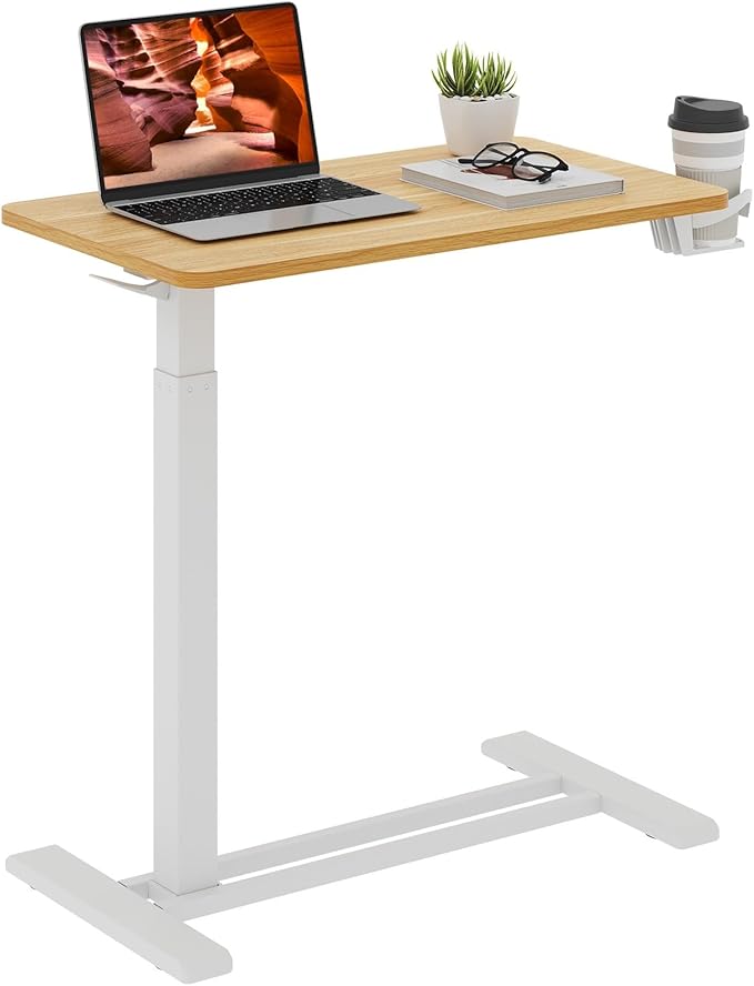 Medical Overbed Adjustable Bedside Table with Hidden Casters, Pneumatic Mobile Rolling Laptop Standing Desk with Tray for Home and Hospital Use, Maple