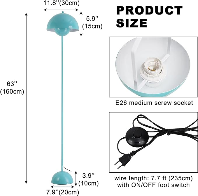 Modern Floor Lamp for Living Room, Industrial Tall Standing Lamp for Bedroom, Metal Shade Reflecting Light Reading Floor Lamp for Office, Nursery Room, Corner(Light Green)